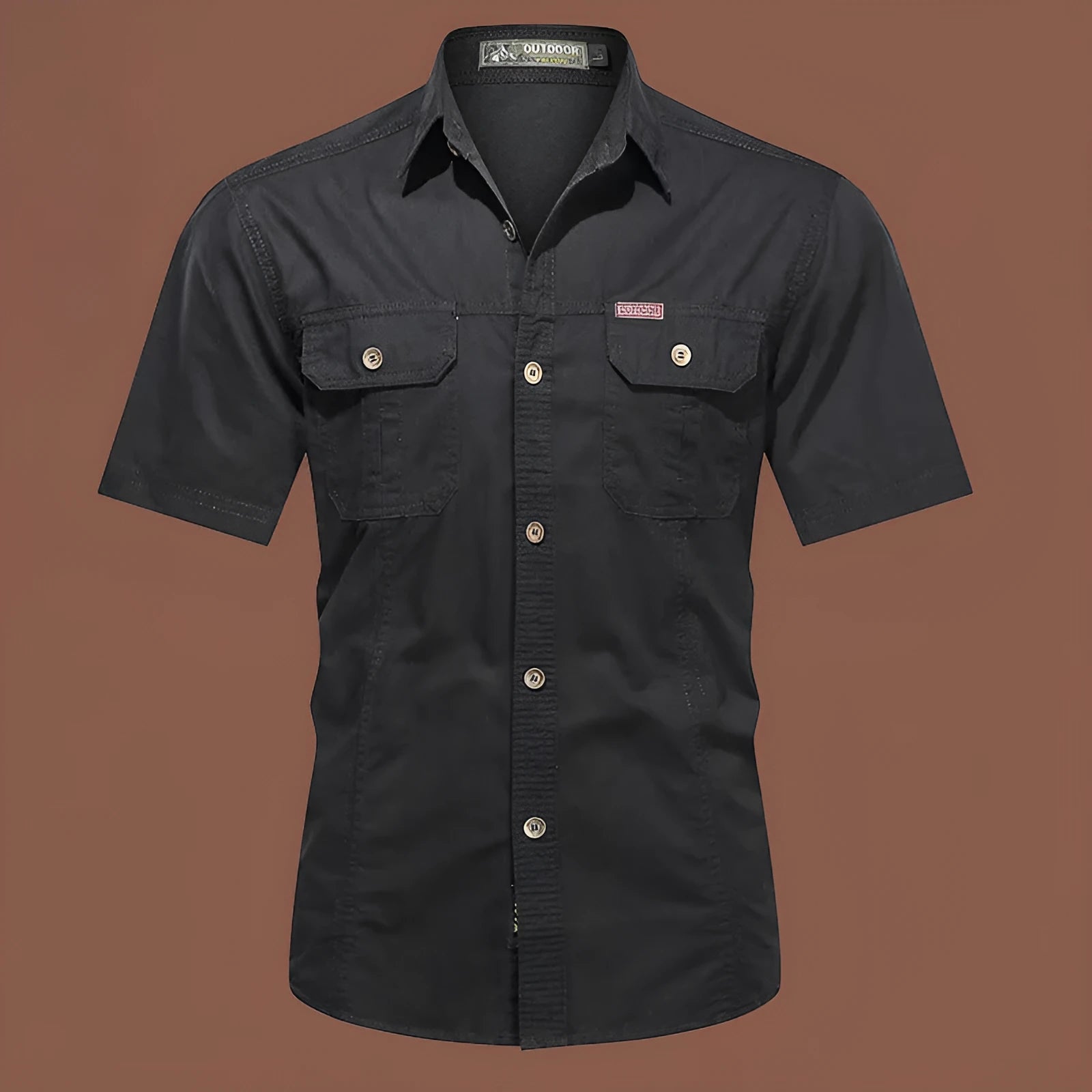 Men's short sleeve cotton work shirt in army green, showing loose fit and cardigan-style design.