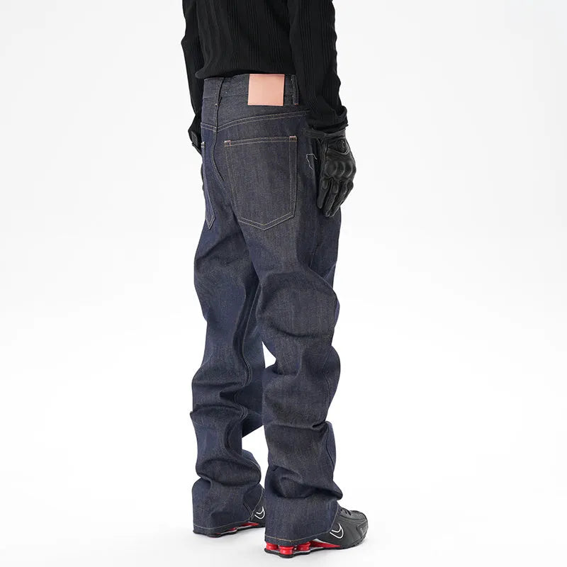 Dark blue casual loose straight fit jeans with straight leg cut on mannequin