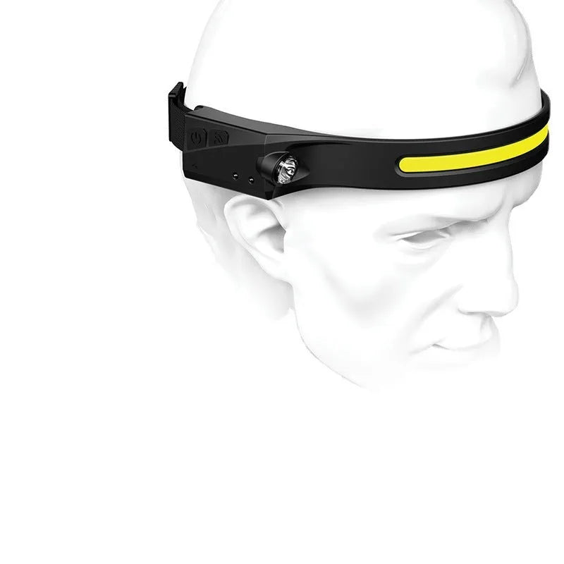 Black silicone USB rechargeable LED headlamp with a wide front light and a side wave sensor for touchless control.