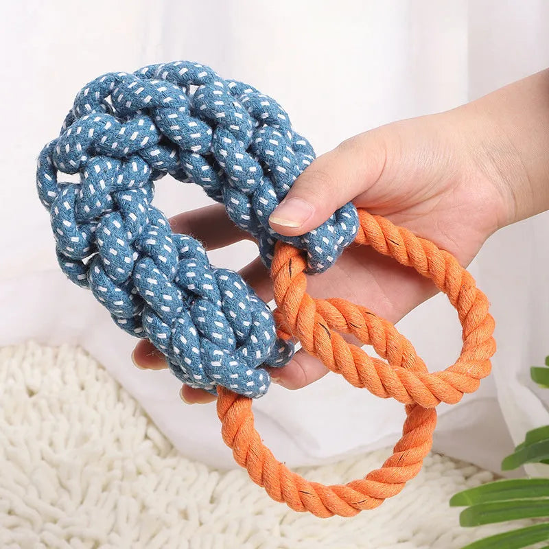 Blue cotton knot rope dog chew toy with double-ring braided bone design