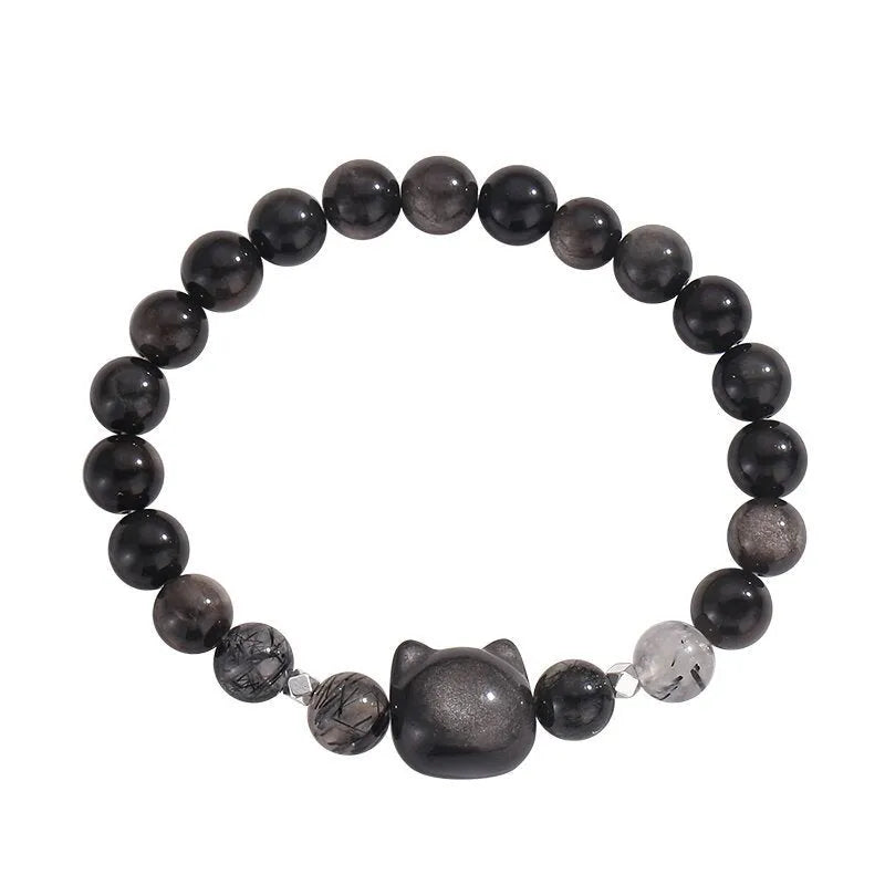 Cat crystal couple bracelet with obsidian stone and silver electroplating featuring cat charm