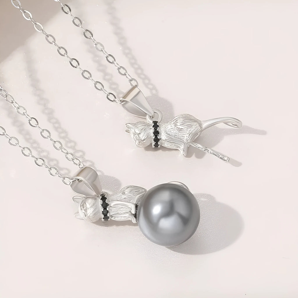 925 sterling silver cat pendant clavicle necklace with electroplated finish showing feline silhouette design