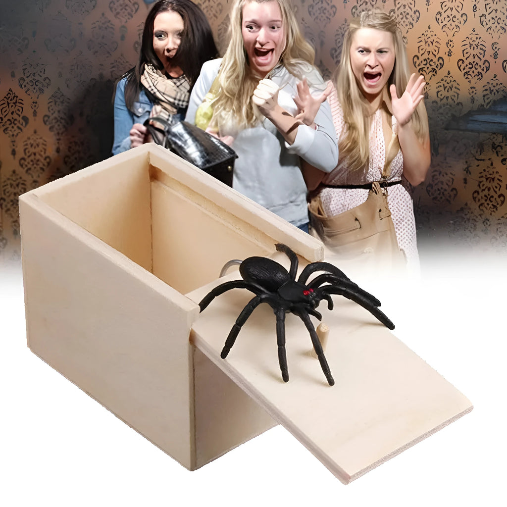 Wooden prank box with jumping scorpion, gecko or mouse for April Fools jokes