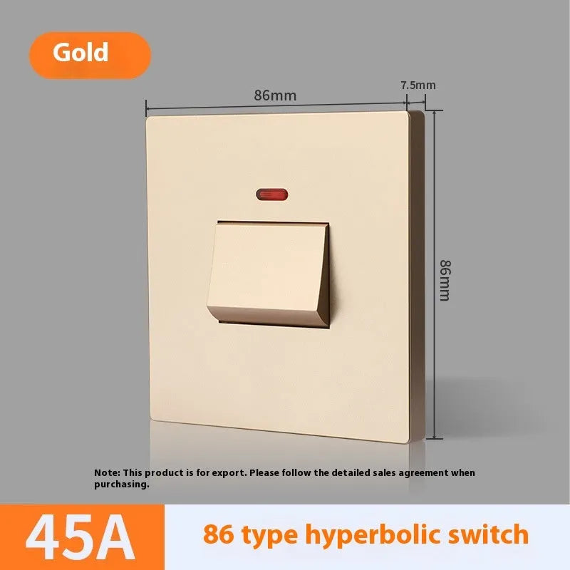 Gold coloured high current electrical switch with illuminated panel for water heater and air conditioner.