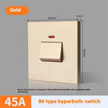 Gold coloured high current electrical switch with illuminated panel for water heater and air conditioner.