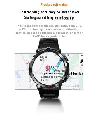 Sports smartwatch with dual cameras, touchscreen display, GPS positioning and heart rate monitoring features