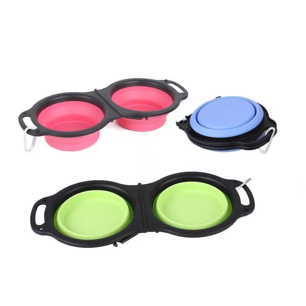 Blue silicone folding double pet bowl showing two compartments, collapsed flat next to it.