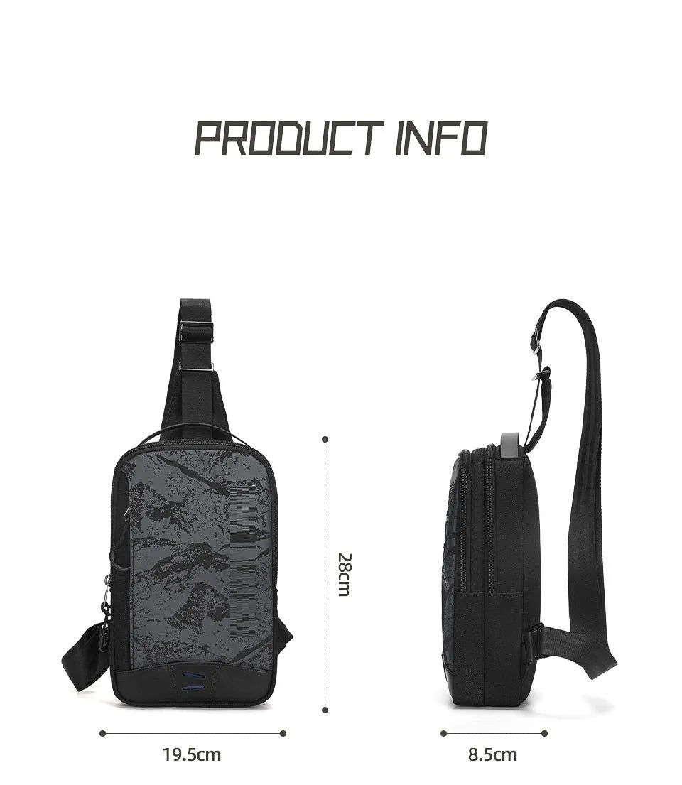 Casual black TPU camouflage print chest bag with adjustable strap, shown in a square vertical shape.