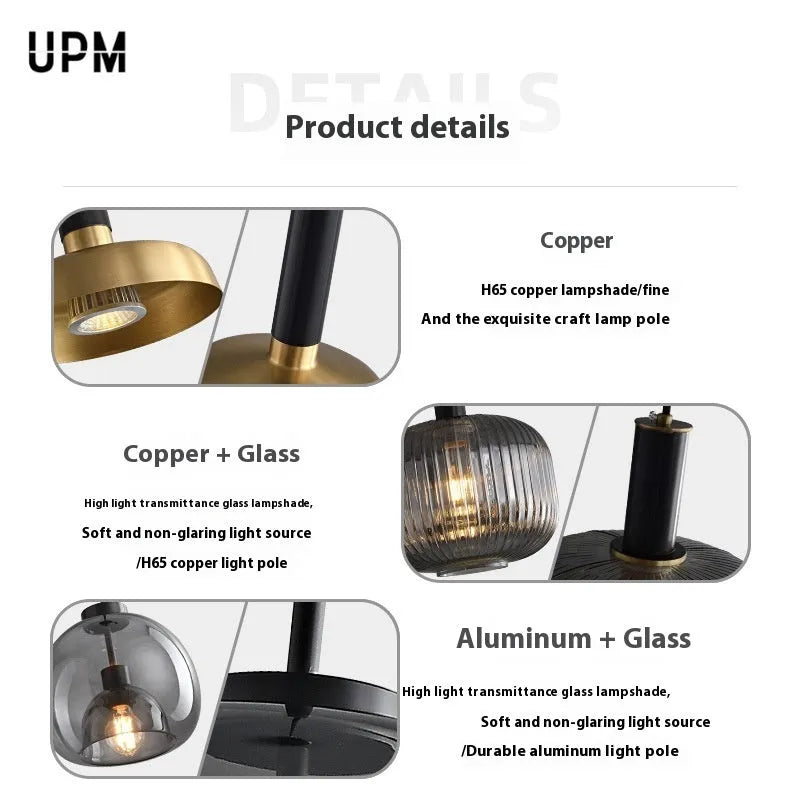 Italian minimalist copper and glass pendant light for bedroom or dining room, 220V, six light colour options