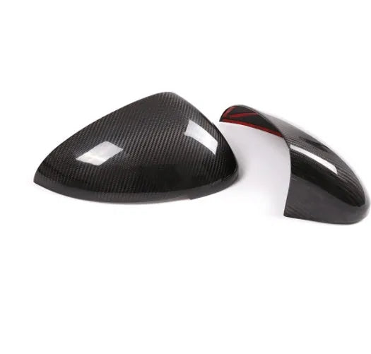 Black true carbon fibre rearview mirror covers for Porsche Macan with precise dimensional fit