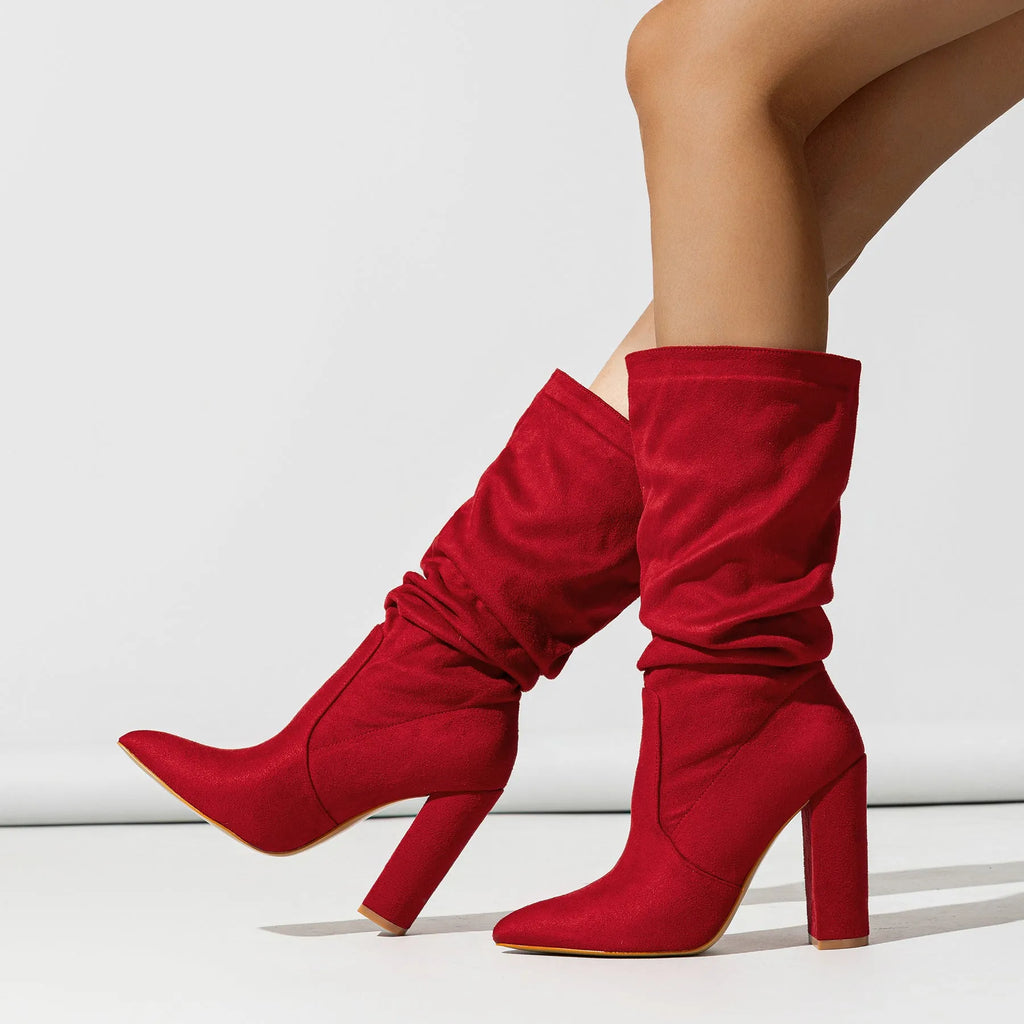 Women's black suede chunky heel pointed-toe boots with a high shaft