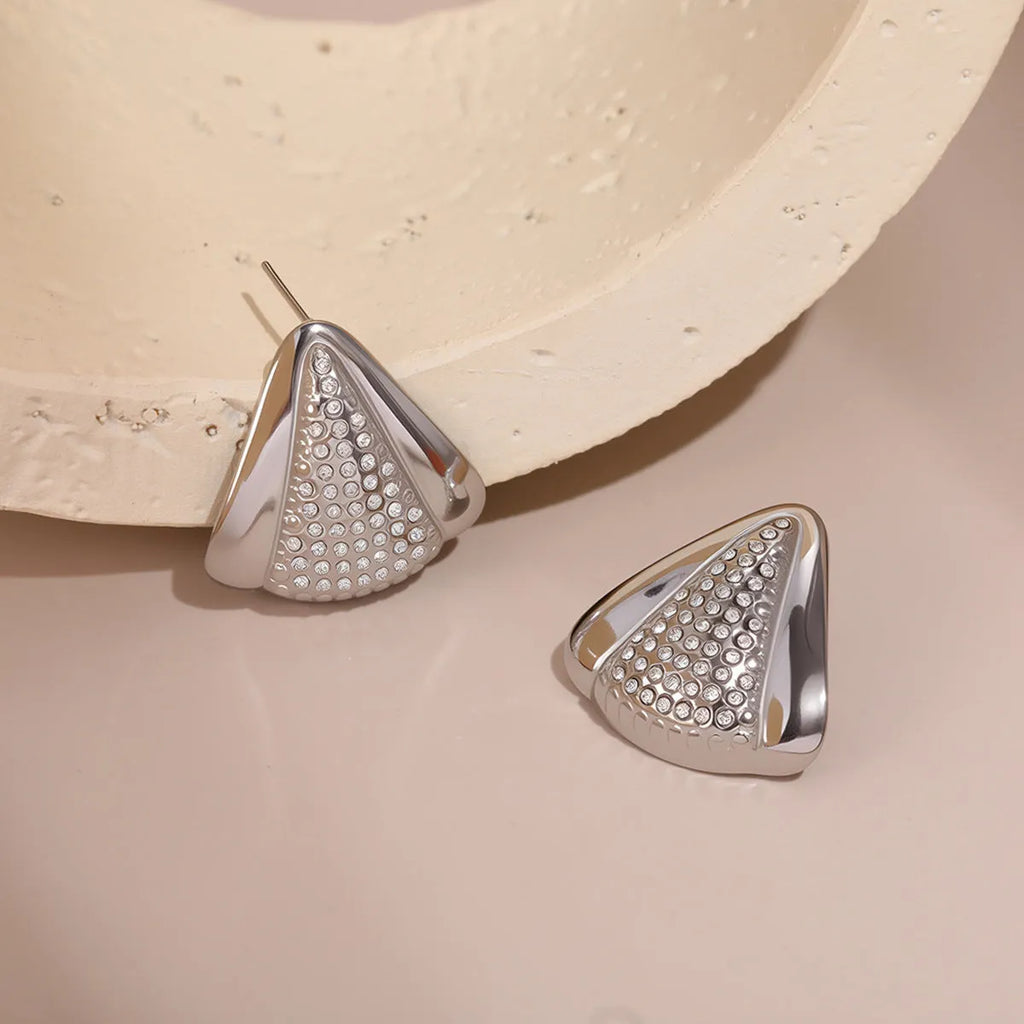 Geometric stainless steel stud earrings in triangle and curve shapes, electroplated 18K gold or steel colour