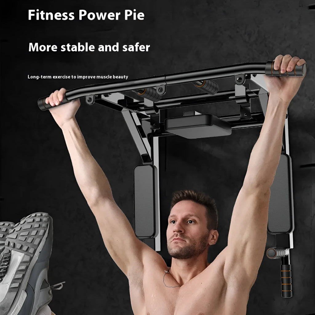 Black wall-mounted metal sandbag rack and parallel pull-up bars fitness equipment