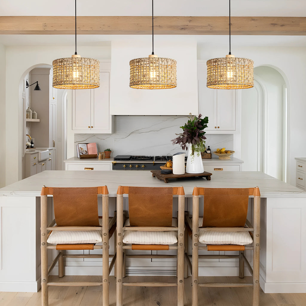 Rattan chandelier ceiling light with woven body, E27 or E26 lamp holder and 220V rating for dining room or kitchen