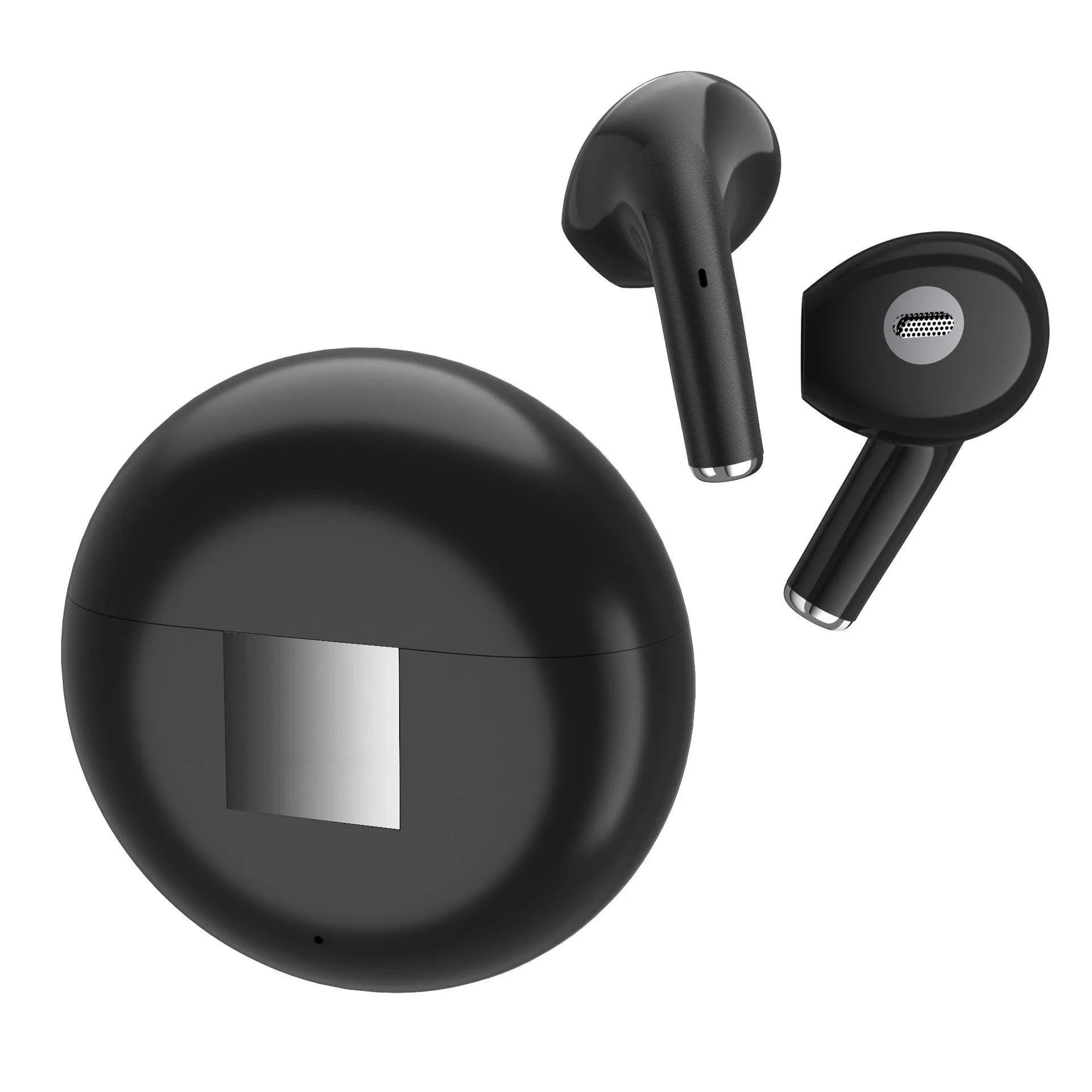 White Wireless Budz5 Bluetooth semi-in-ear headphones and their charging case on a table.