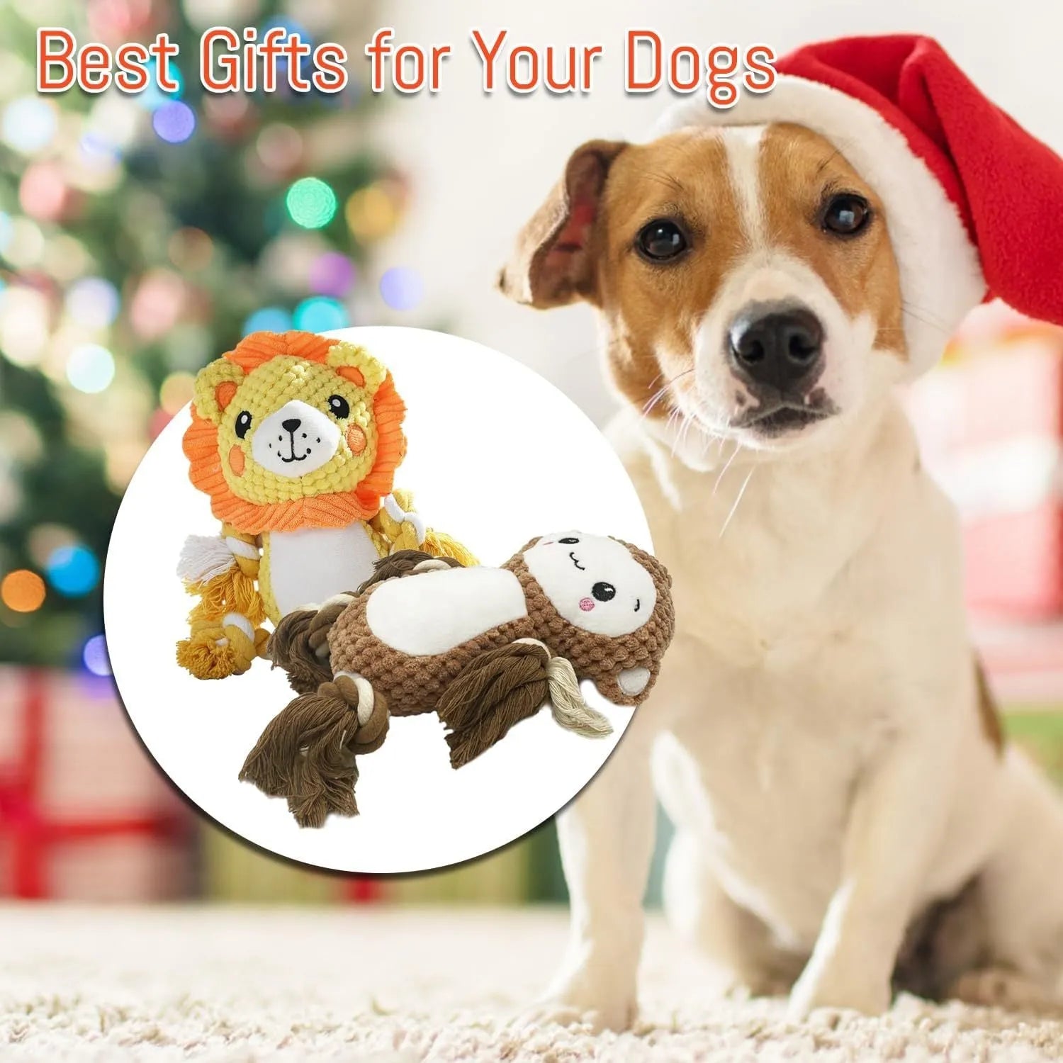 Lion and monkey plush dog toys with squeakers for medium and large breeds