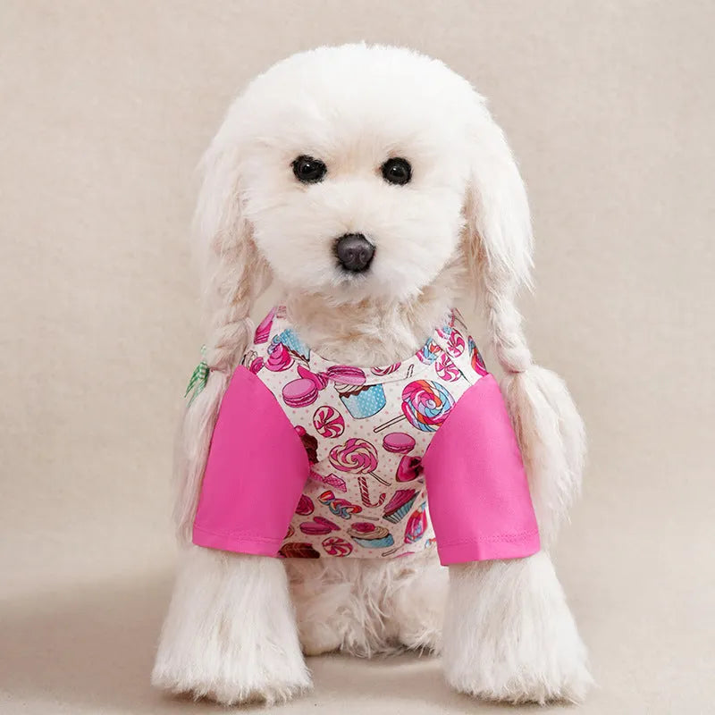 Small dog wearing a full-printed blue polyester T-shirt, showing the casual fit and design.