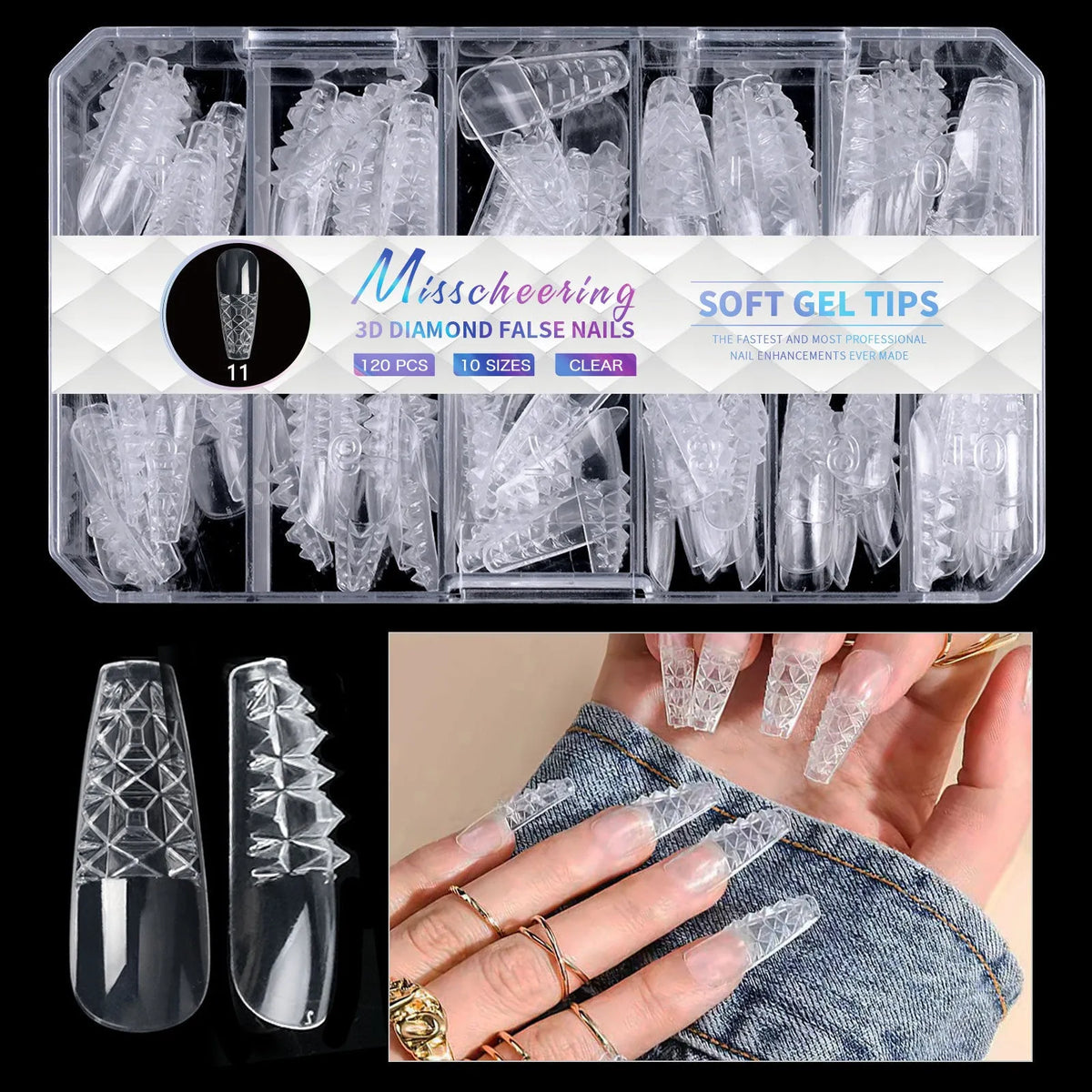 Pack of clear glitter nail extension tips showing 3D diamond design in various colours.