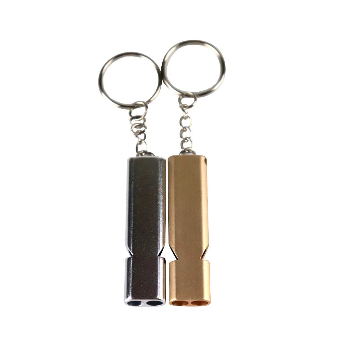 Double hole aluminium alloy whistle in silver and gold colours for outdoor survival signalling