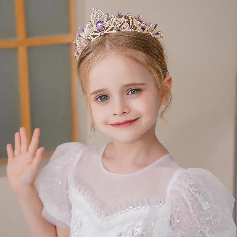 Children's simple purple rhinestone crown headdress with electroplated alloy hair band K9 pointed horse eye rhinestones