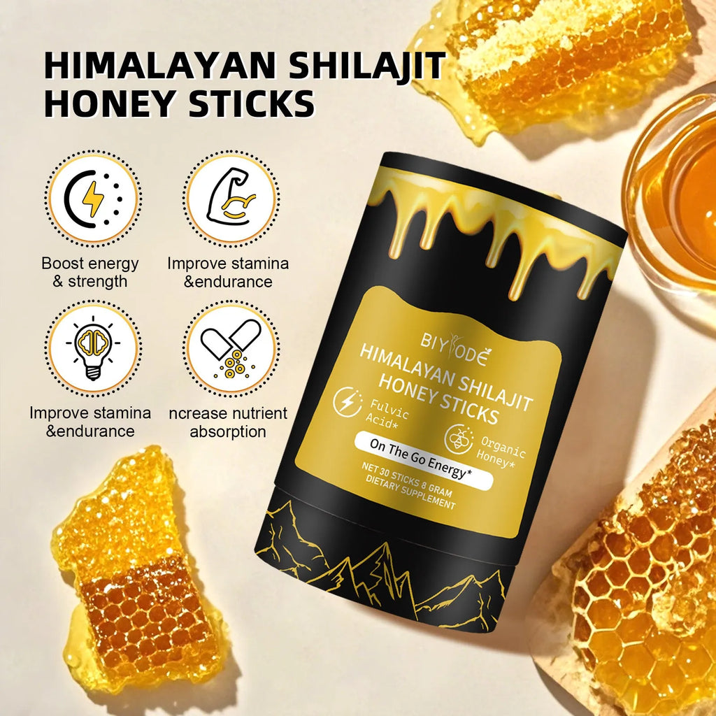 Bottle of 30 shilajit honey sticks with honey, shilajit extract, and saffron for energy support