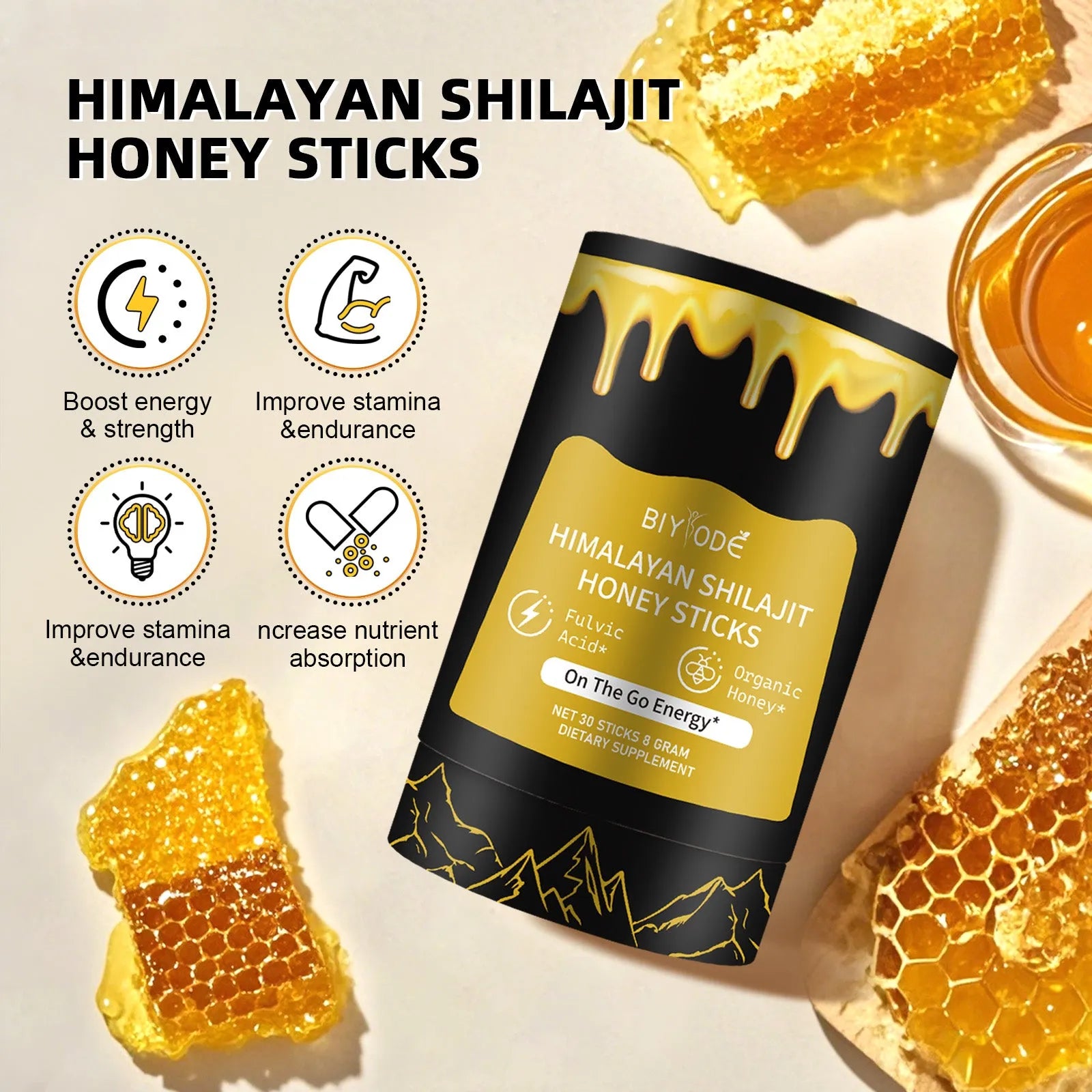 Bottle of 30 shilajit honey sticks with honey, shilajit extract, and saffron for energy support