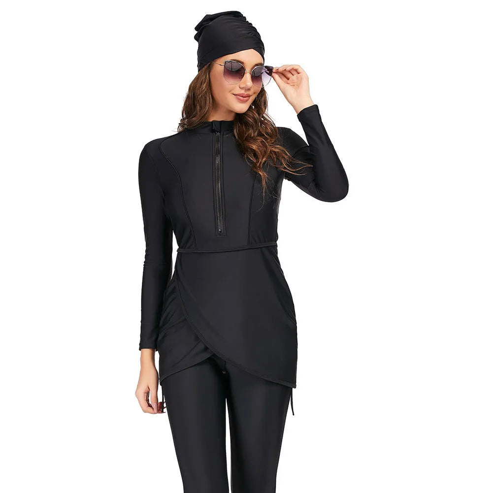 Black conservative Muslim swimsuit for ladies with full-coverage design and quick-drying fabric