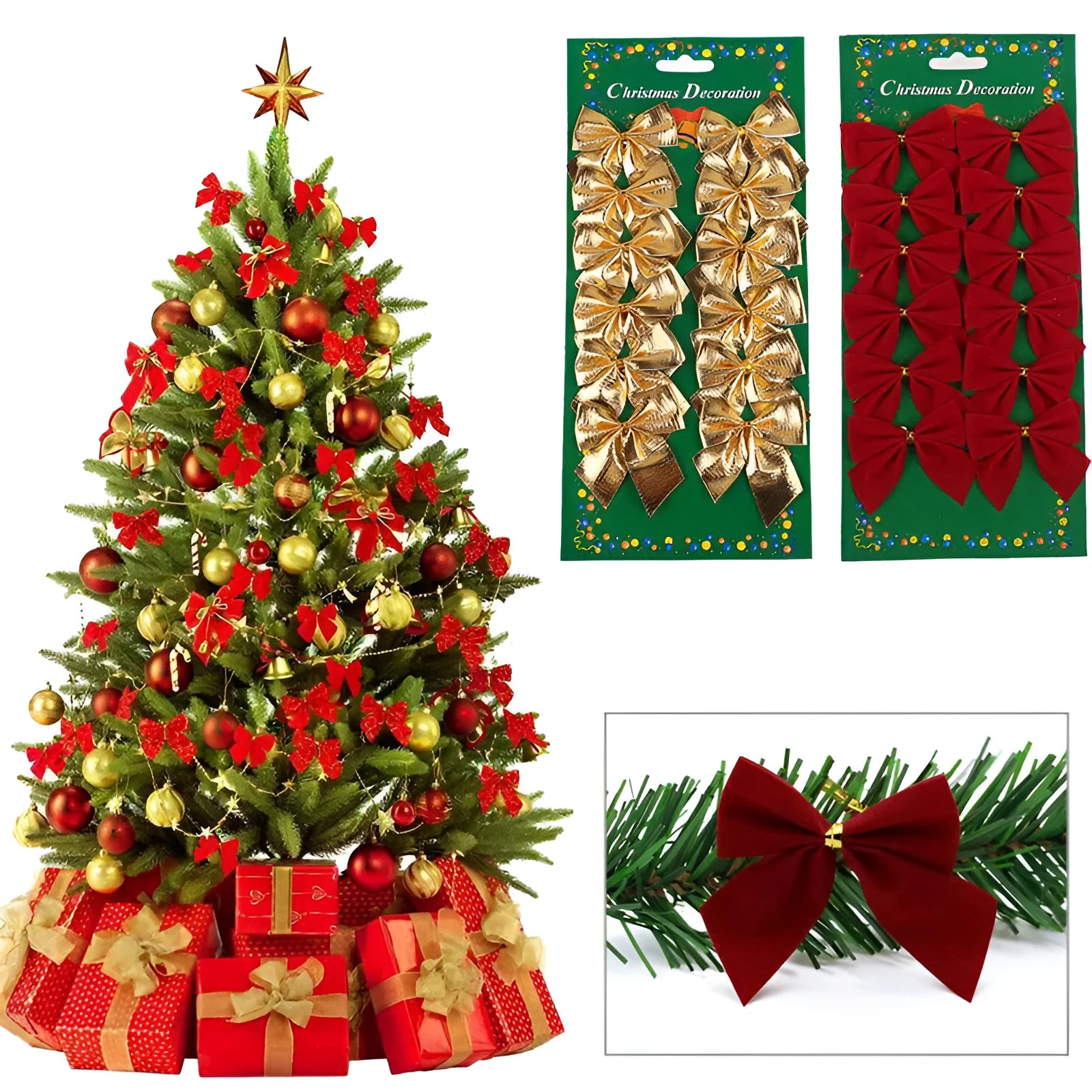 Red gold silver polyester Christmas tree bow ornament 5 cm diameter