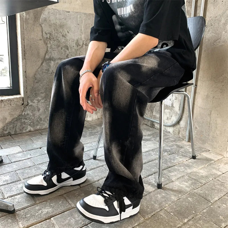 High Street tie-dye hip-hop straight jeans for men and women in black cotton, size options S to 2XL