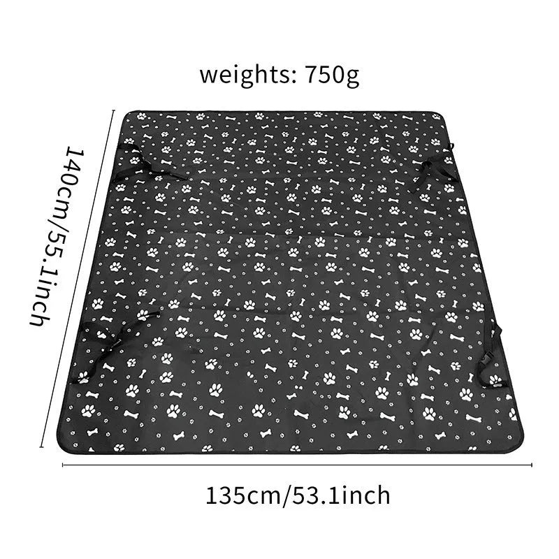 Grey car pet mat with dog bone print covering a vehicle's rear seat.