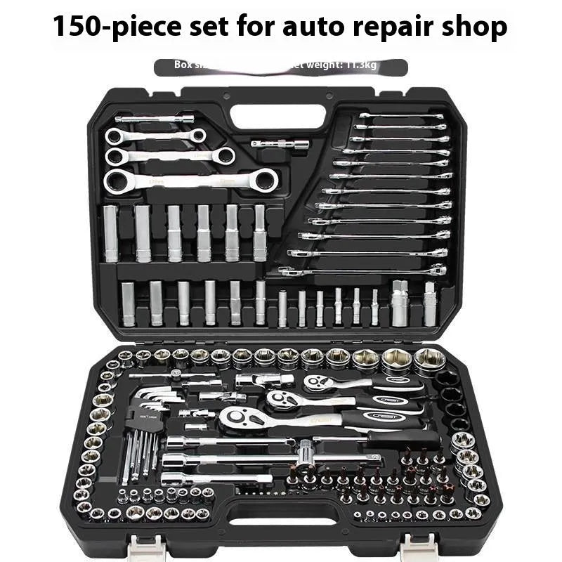 150-piece socket wrench set with 72-tooth curved handle ratchet and black finish for auto repair and home use