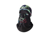 Unisex cotton motorcycle head cover in a patterned grey colour with a pair of matching black gloves.