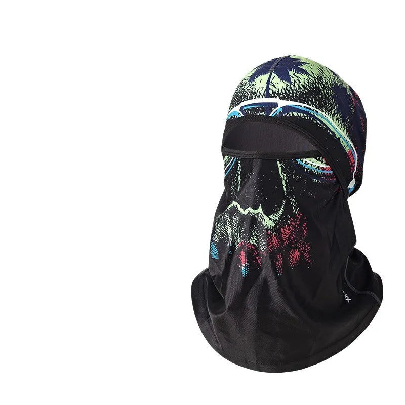 Unisex cotton motorcycle head cover in a patterned grey colour with a pair of matching black gloves.