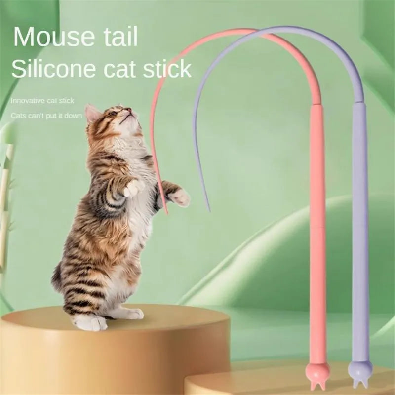 Simulated mouse tail cat toy with long silicone tail and cat head handle for interactive pet play