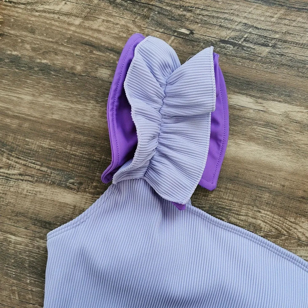 Single-shoulder high-waist one-piece swimsuit for women in solid colour
