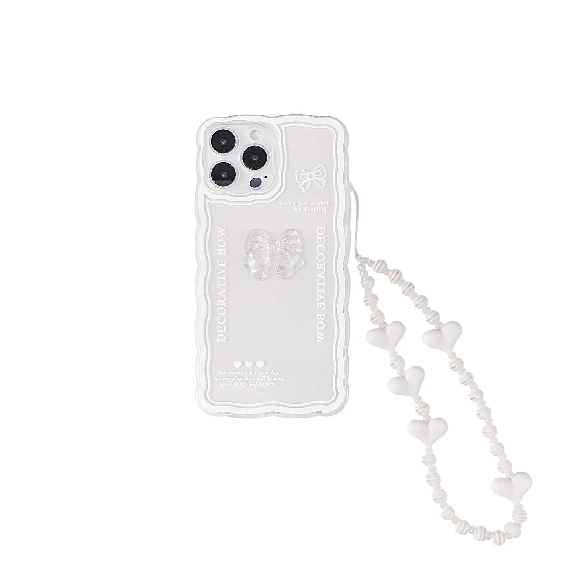 Transparent iPhone case with a raised 3D ice-through bow decoration on the back.