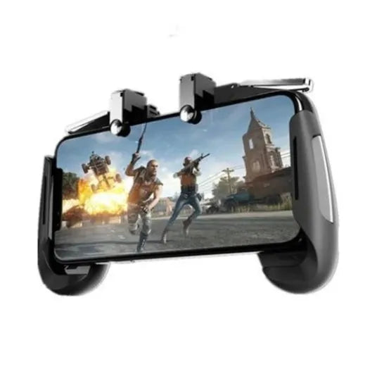 Telescopic mobile game controller clamped onto a smartphone, showing back buttons and audio port.