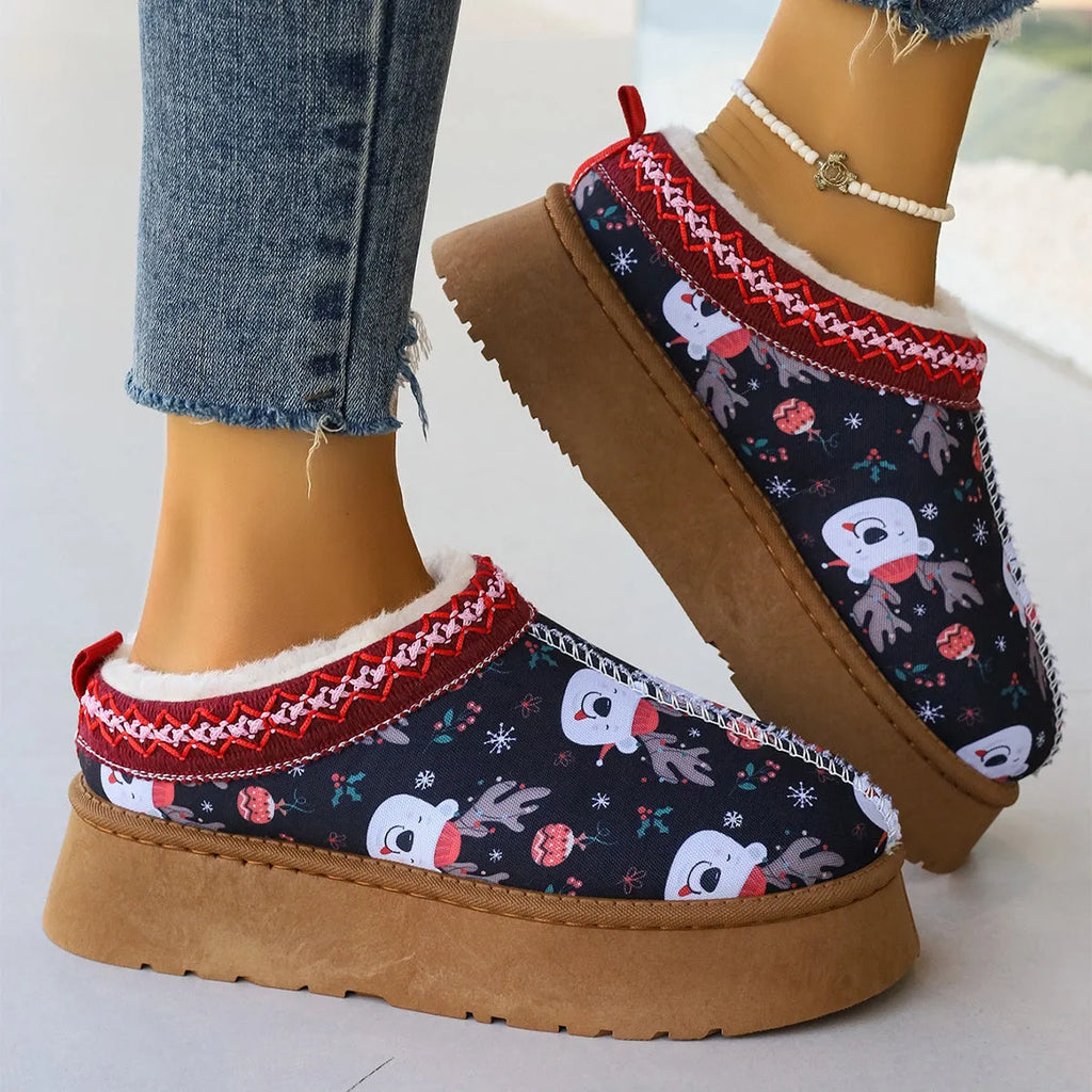 Women's cartoon Christmas print ankle boots with plush lining, round toe, flat heel, available in Santa Claus print