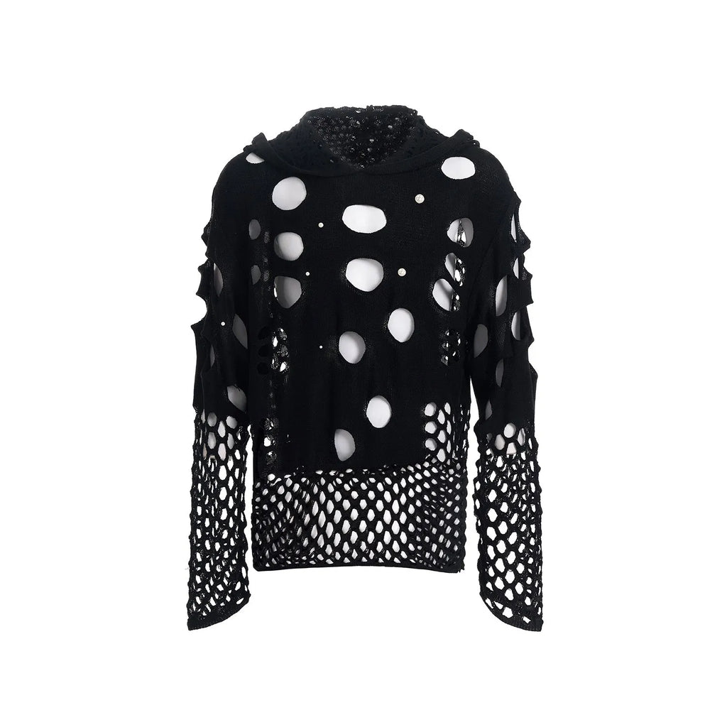 Black loose-fit men's pullover hoodie with a hood and pearl decorative detail on the front.