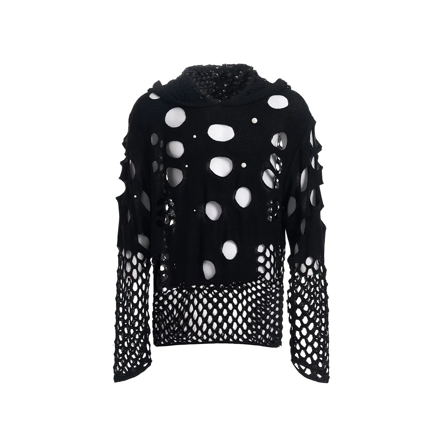 Black loose-fit men's pullover hoodie with a hood and pearl decorative detail on the front.
