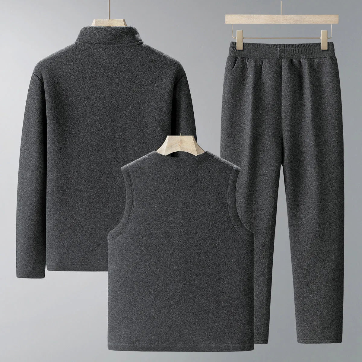 Men's large size dark gray velvet sport suit with long-sleeve coat and trousers, polyester fabric with wool lining