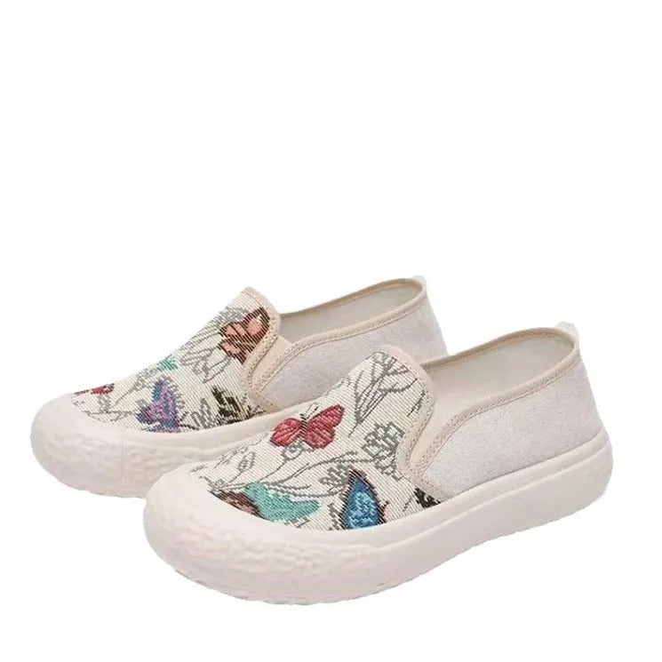 Old Beijing women's canvas slip-on shoes with plastic soles in black and white colours
