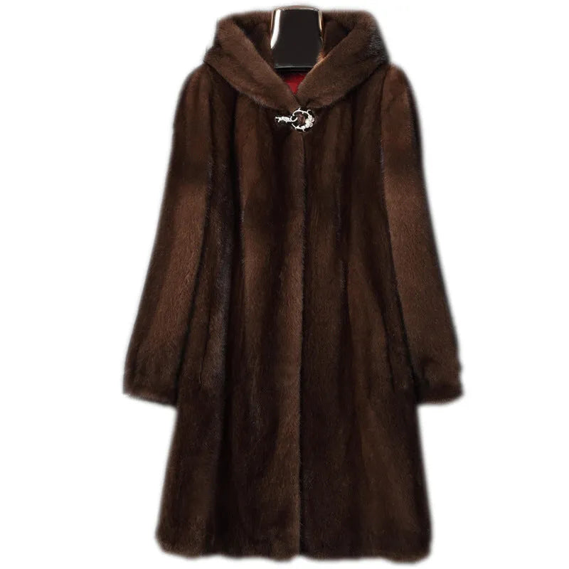 Women's black faux fur hooded coat for autumn and winter street fashion