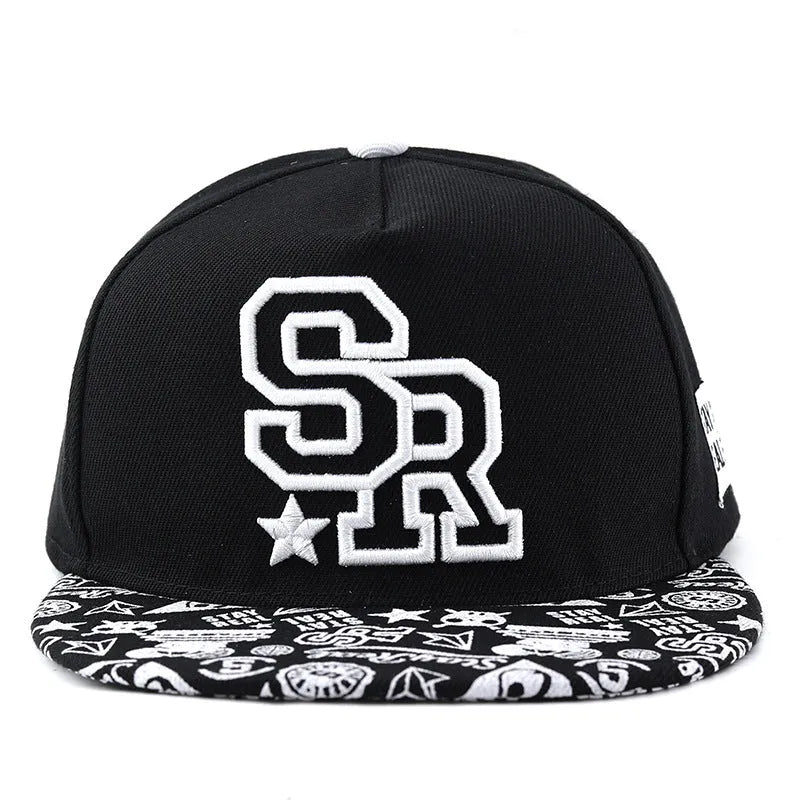 Adjustable black cotton baseball cap with embroidered lettering on the front, showing the dome crown and strap.