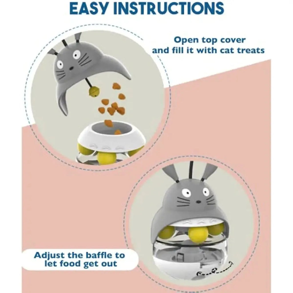 Interactive cat feeder toy with sounding bell and car tower shape in brown, grey, pink, and white