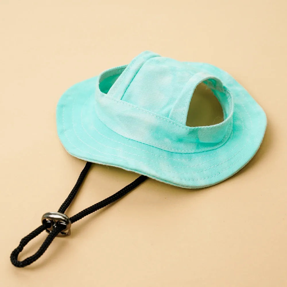 Tie dye polyester sun protection bucket hat with adjustable string clip for pets, shown in colour option