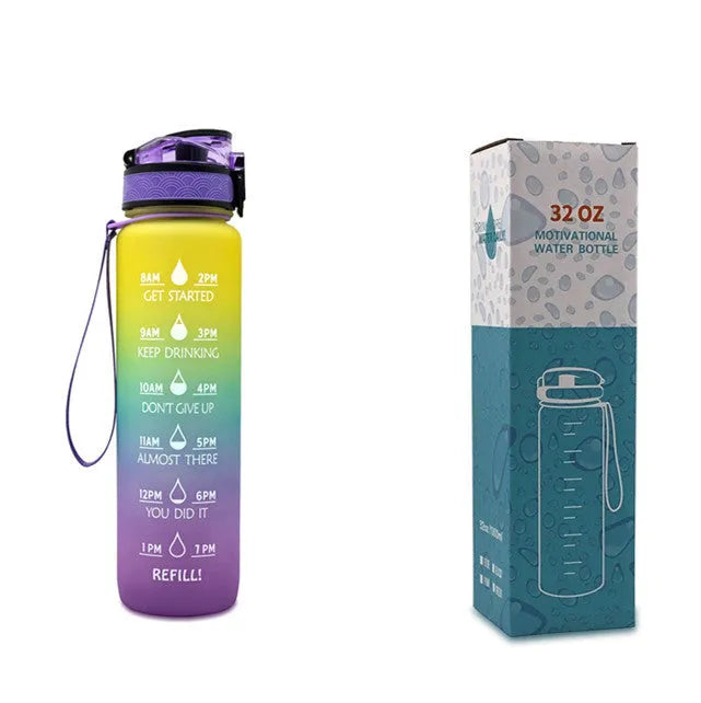 Blue-red gradient 1L Tritan water bottle with time markers and flip-top lid on a gym bag