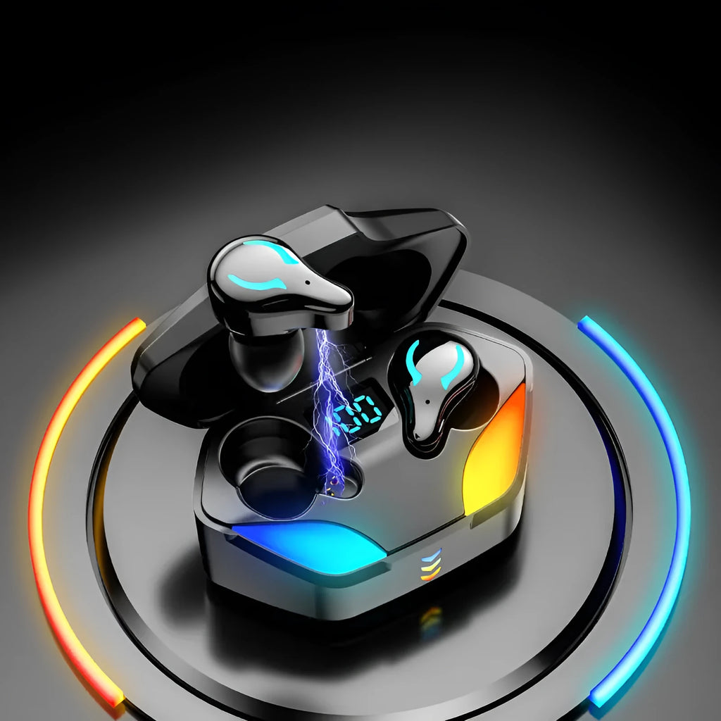 Black in-ear Bluetooth gaming headset for e-sports with zero audio delay.