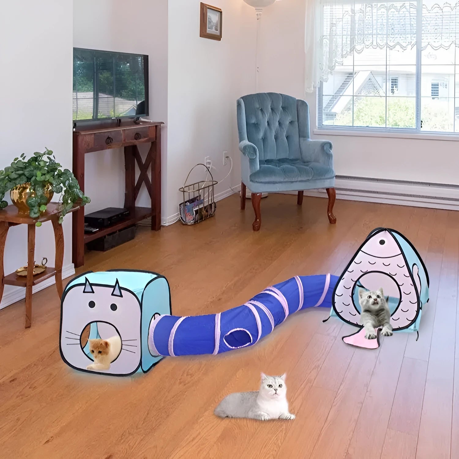 Foldable PP plastic cat tent and tunnel play set with cat and fish print design