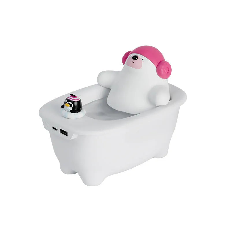 White USB desktop air humidifier with large water tank showing mist output.